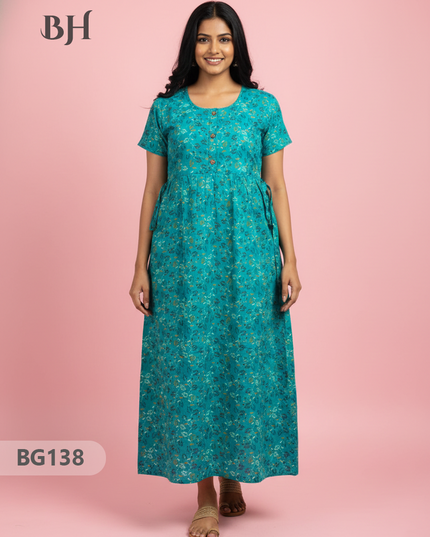 Cotton Frock Nighty with Knot & Pocket | Comfortable Free Size Nightwear