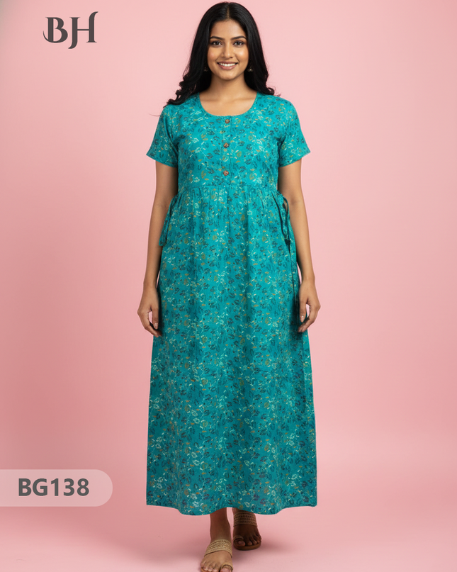 Cotton Frock Nighty with Knot & Pocket | Comfortable Free Size Nightwear