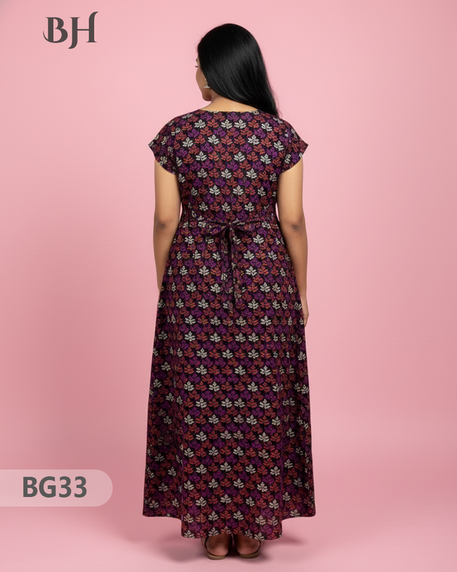 Cotton Frock Nighty with Knot & Pocket | Comfortable Free Size Nightwear