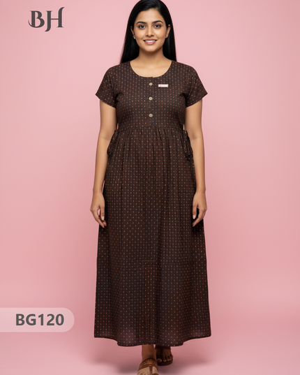 Cotton Frock Nighty with Knot & Pocket | Comfortable Free Size Nightwear