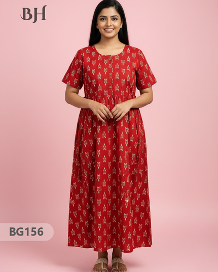 Cotton Frock Nighty with Knot & Pocket | Comfortable Free Size Nightwear