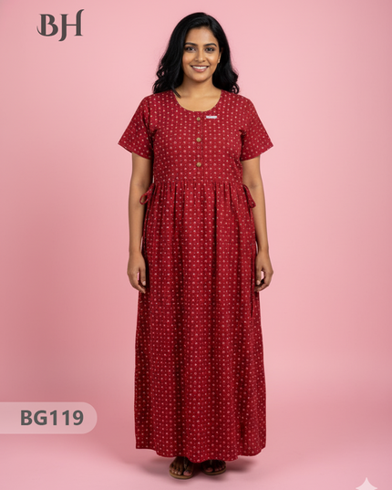 Cotton Frock Nighty with Knot & Pocket | Comfortable Free Size Nightwear