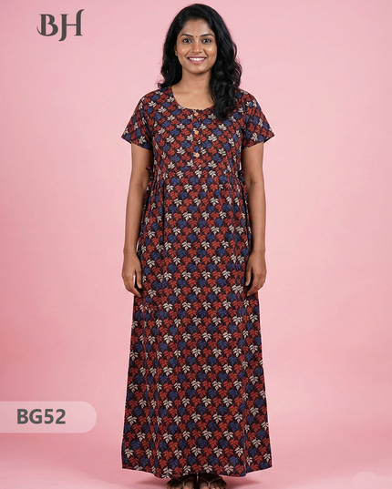 Cotton Frock Nighty with Knot & Pocket | Comfortable Free Size Nightwear