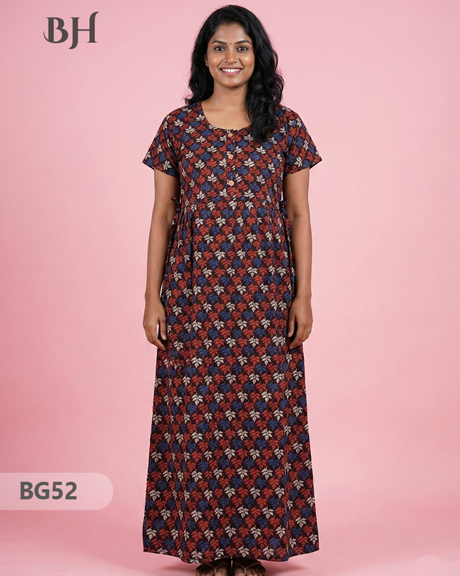 Cotton Frock Nighty with Knot & Pocket | Comfortable Free Size Nightwear