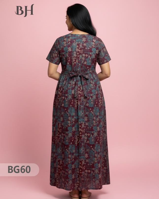 Cotton Frock Nighty with Knot & Pocket | Comfortable Free Size Nightwear