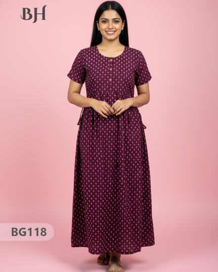 Cotton Frock Nighty with Knot & Pocket | Comfortable Free Size Nightwear