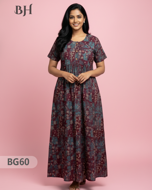 Cotton Frock Nighty with Knot & Pocket | Comfortable Free Size Nightwear