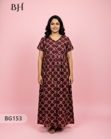 Cotton Frock Nighty with Knot & Pocket | Comfortable Free Size Nightwear