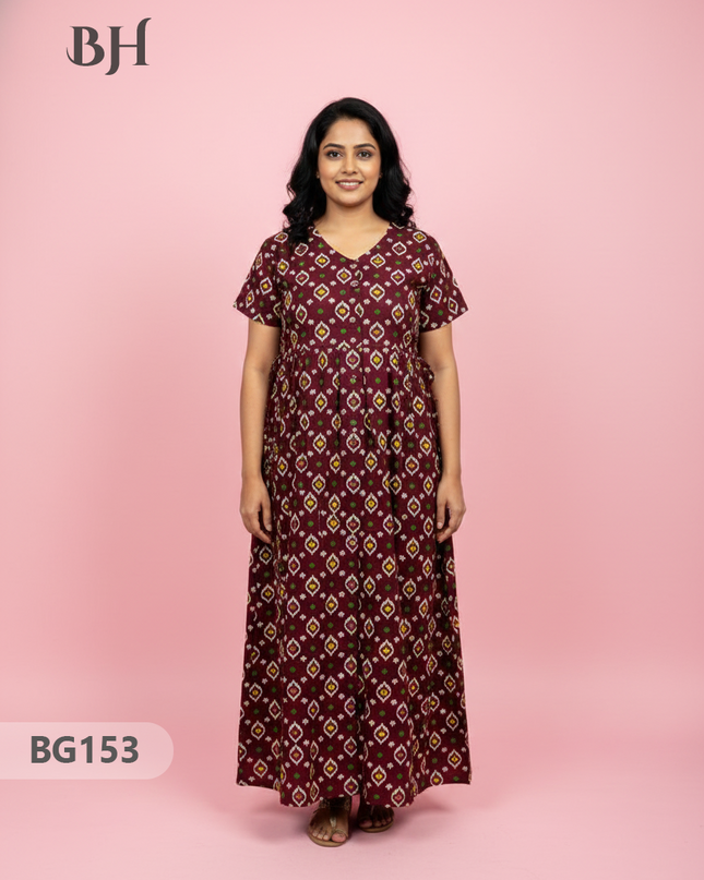 Cotton Frock Nighty with Knot & Pocket | Comfortable Free Size Nightwear