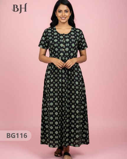 Cotton Frock Nighty with Knot & Pocket | Comfortable Free Size Nightwear