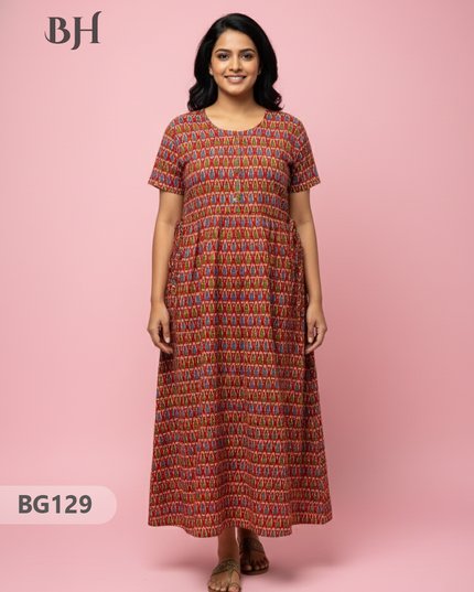 Cotton Frock Nighty with Knot & Pocket | Comfortable Free Size Nightwear