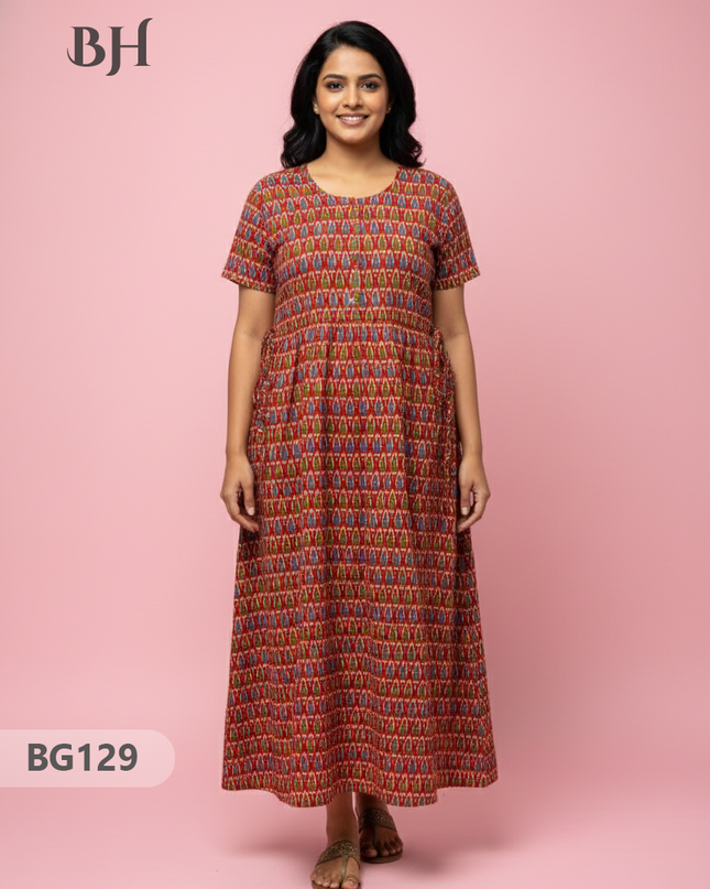 Cotton Frock Nighty with Knot & Pocket | Comfortable Free Size Nightwear