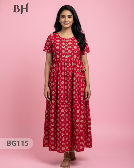 Cotton Frock Nighty with Knot & Pocket | Comfortable Free Size Nightwear