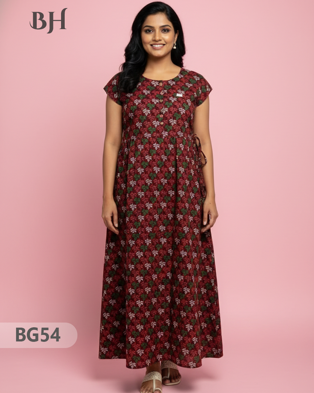 Cotton Frock Nighty with Knot & Pocket | Comfortable Free Size Nightwear