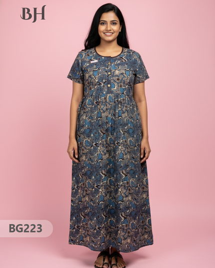 Cotton Frock Nighty with Knot & Pocket | Comfortable Free Size Nightwear