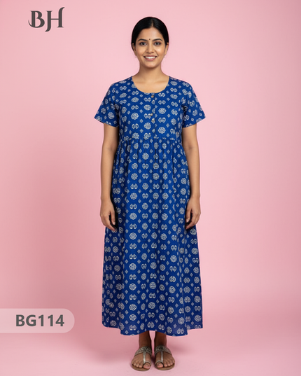 Cotton Frock Nighty with Knot & Pocket | Comfortable Free Size Nightwear