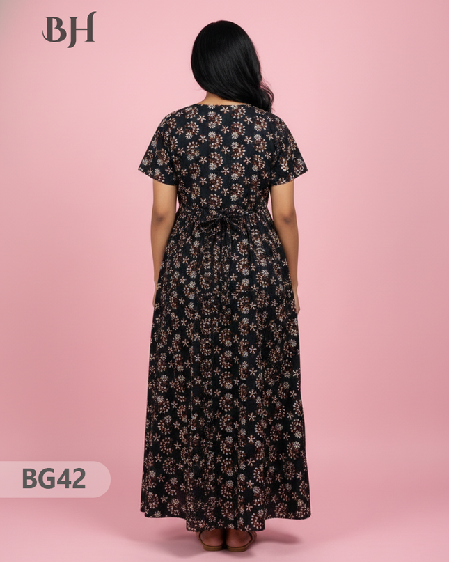 Cotton Frock Nighty with Knot & Pocket | Comfortable Free Size Nightwear