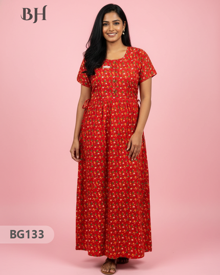 Cotton Frock Nighty with Knot & Pocket | Comfortable Free Size Nightwear