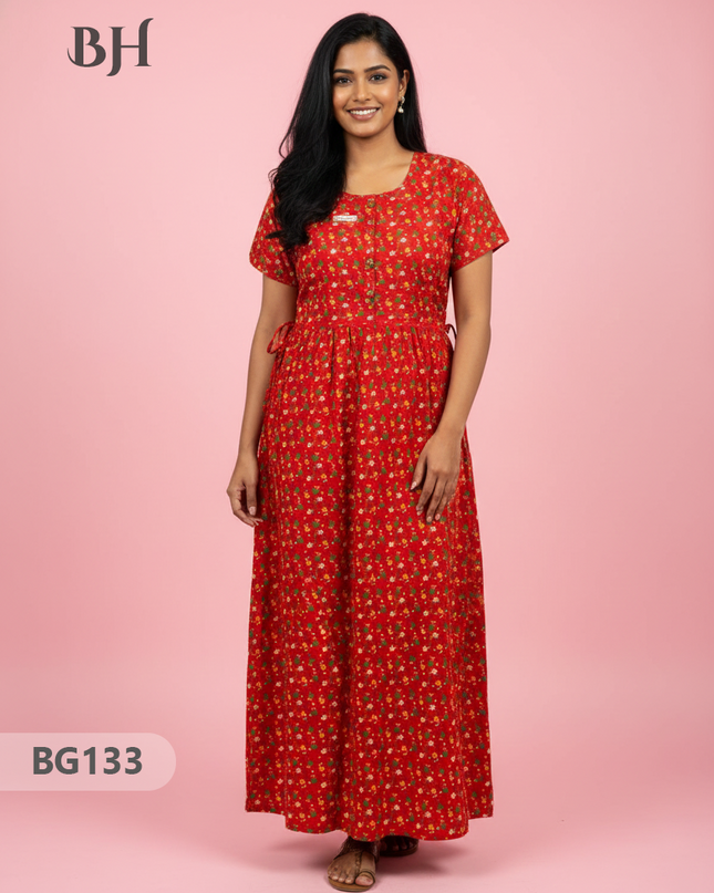 Cotton Frock Nighty with Knot & Pocket | Comfortable Free Size Nightwear