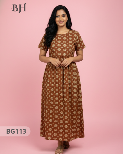 Cotton Frock Nighty with Knot & Pocket | Comfortable Free Size Nightwear