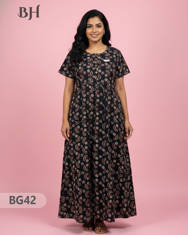 Cotton Frock Nighty with Knot & Pocket | Comfortable Free Size Nightwear