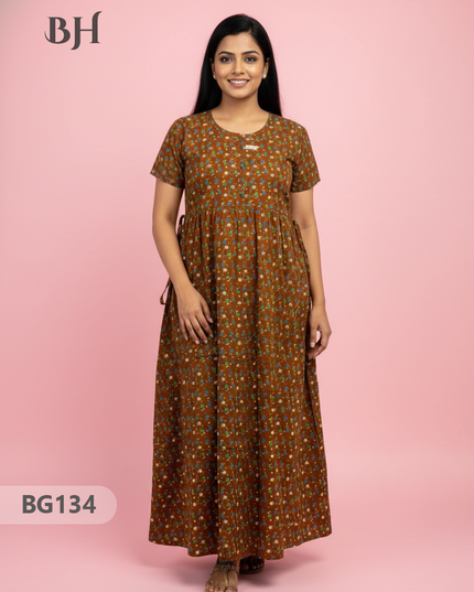 Cotton Frock Nighty with Knot & Pocket | Comfortable Free Size Nightwear