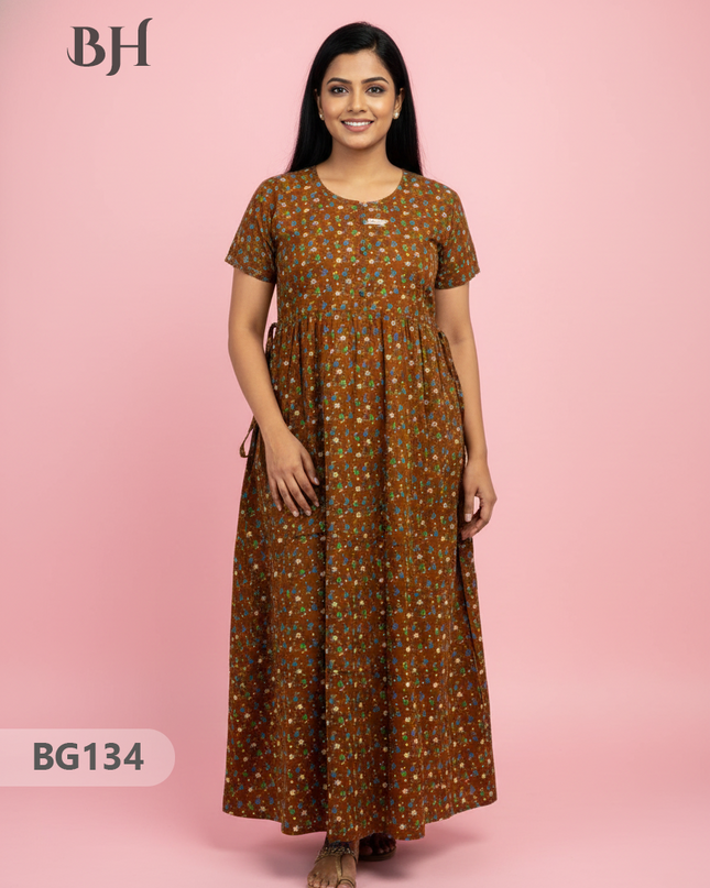 Cotton Frock Nighty with Knot & Pocket | Comfortable Free Size Nightwear