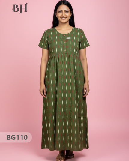 Cotton Frock Nighty with Knot & Pocket | Comfortable Free Size Nightwear