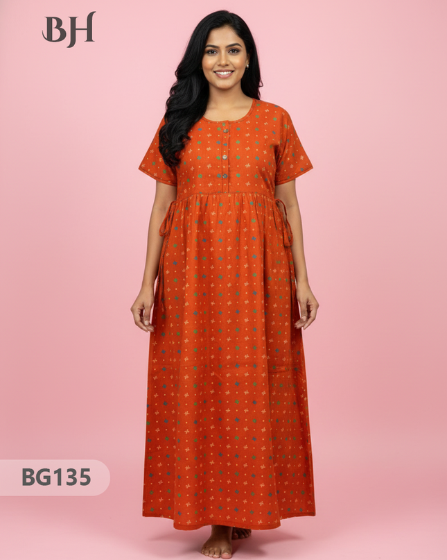 Cotton Frock Nighty with Knot & Pocket | Comfortable Free Size Nightwear
