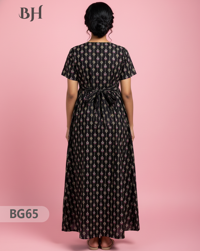 Cotton Frock Nighty with Knot & Pocket | Comfortable Free Size Nightwear