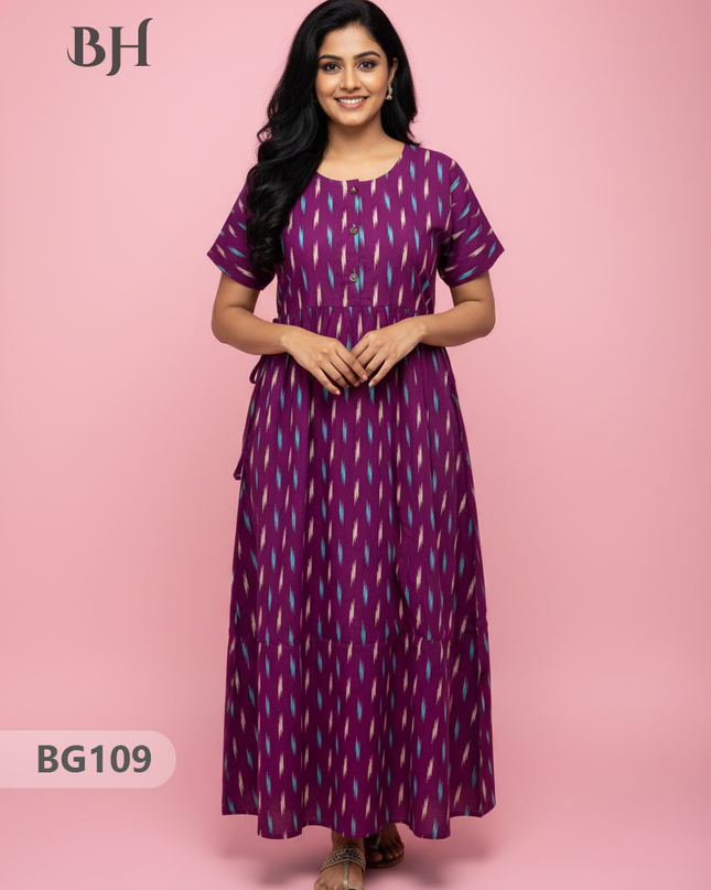 Cotton Frock Nighty with Knot & Pocket | Comfortable Free Size Nightwear