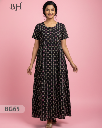 Cotton Frock Nighty with Knot & Pocket | Comfortable Free Size Nightwear