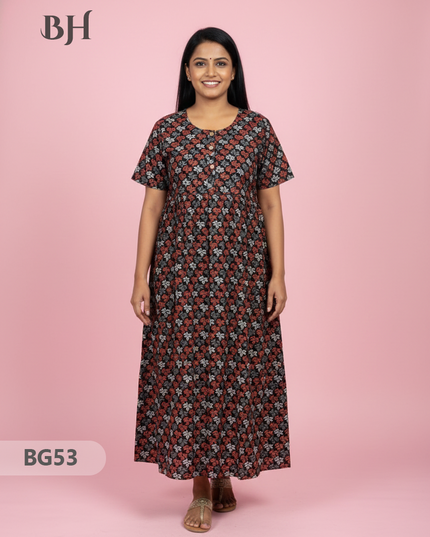 Cotton Frock Nighty with Knot & Pocket | Comfortable Free Size Nightwear