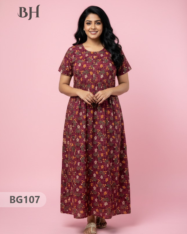 Cotton Frock Nighty with Knot & Pocket | Comfortable Free Size Nightwear