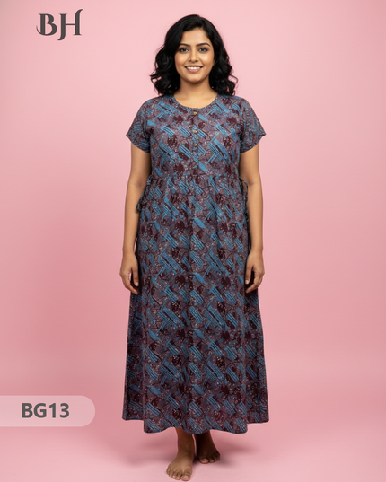 Cotton Frock Nighty with Knot & Pocket | Comfortable Free Size Nightwear
