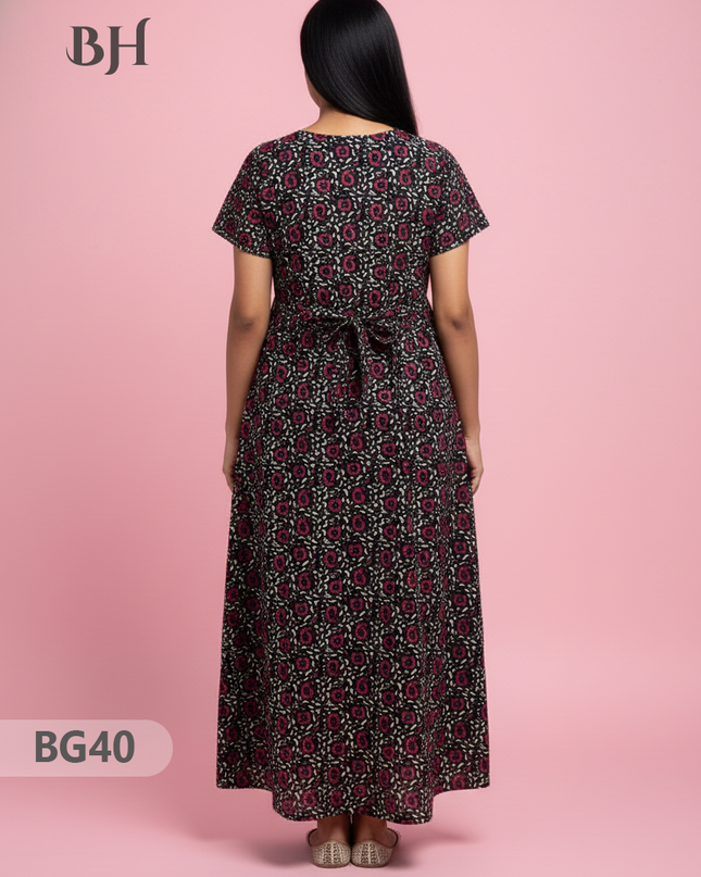 Cotton Frock Nighty with Knot & Pocket | Comfortable Free Size Nightwear