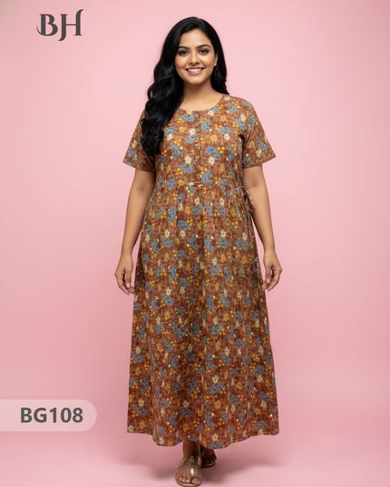 Cotton Frock Nighty with Knot & Pocket | Comfortable Free Size Nightwear