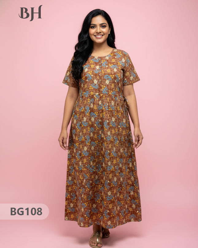 Cotton Frock Nighty with Knot & Pocket | Comfortable Free Size Nightwear