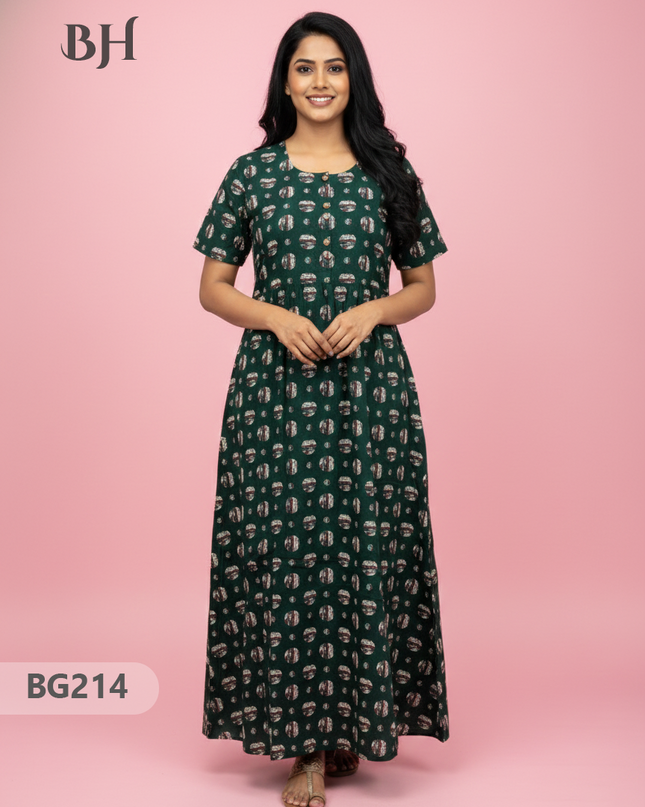 Cotton Frock Nighty with Knot & Pocket | Comfortable Free Size Nightwear