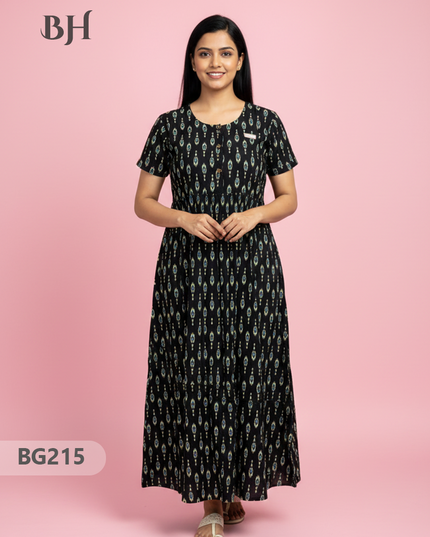 Cotton Frock Nighty with Knot & Pocket | Comfortable Free Size Nightwear