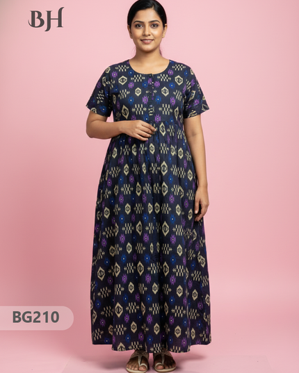 Cotton Frock Nighty with Knot & Pocket | Comfortable Free Size Nightwear