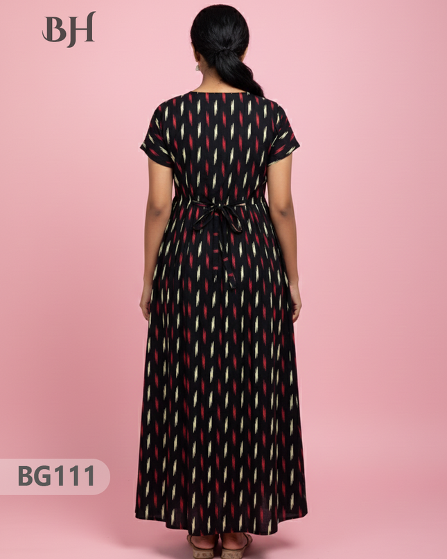 Cotton Frock Nighty with Knot & Pocket | Comfortable Free Size Nightwear