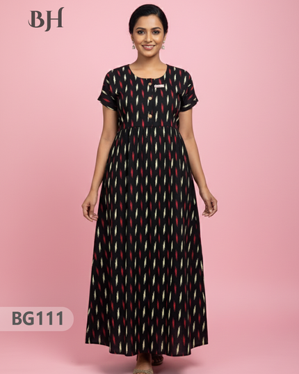 Cotton Frock Nighty with Knot & Pocket | Comfortable Free Size Nightwear