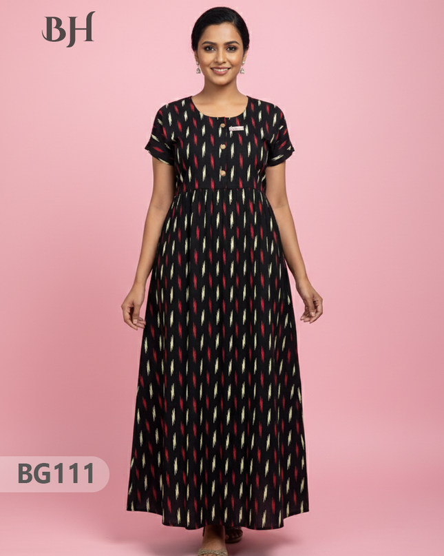 Cotton Frock Nighty with Knot & Pocket | Comfortable Free Size Nightwear