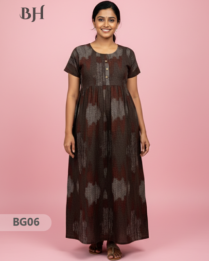 Cotton Frock Nighty with Knot & Pocket | Comfortable Free Size Nightwear