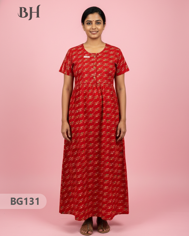 Cotton Frock Nighty with Knot & Pocket | Comfortable Free Size Nightwear