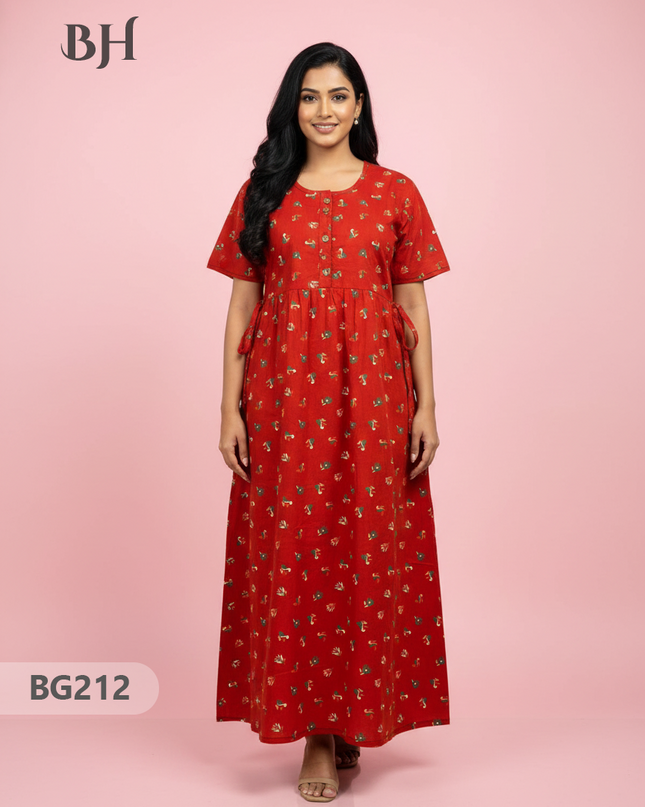 Cotton Frock Nighty with Knot & Pocket | Comfortable Free Size Nightwear