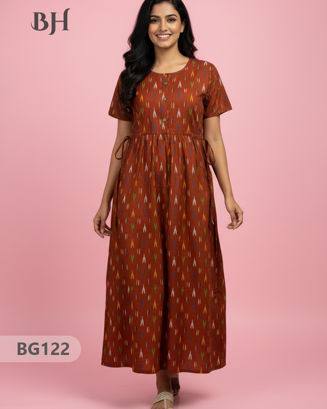 Cotton Frock Nighty with Knot & Pocket | Comfortable Free Size Nightwear