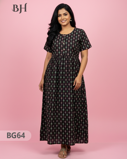 Cotton Frock Nighty with Knot & Pocket | Comfortable Free Size Nightwear