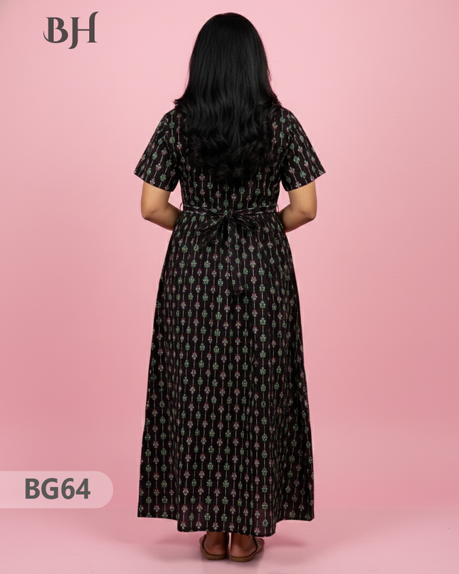 Cotton Frock Nighty with Knot & Pocket | Comfortable Free Size Nightwear